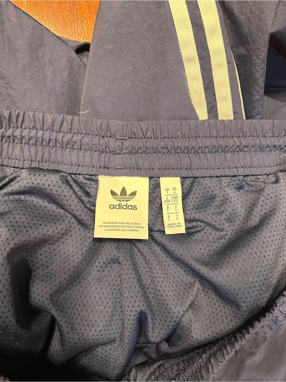 adidas Navy Track Pants with White Stripes and Red Knee Panels - Picture 6 of 7